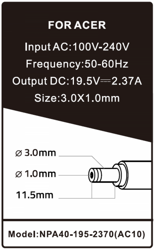 NPA40-195-2370 (AC10) ** GEMBIRD PUNJAC ZA LAPTOP 40W-19.5V-2.37A, 3.0X1.1MM BLACK (780 ALT=AC08)