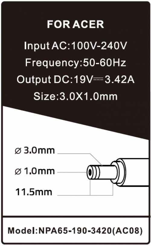 NPA65-190-3420 (AC08) ** GEMBIRD PUNJAC ZA LAPTOP 65W-19V-3.42A, 3.0X1.1MM (780)