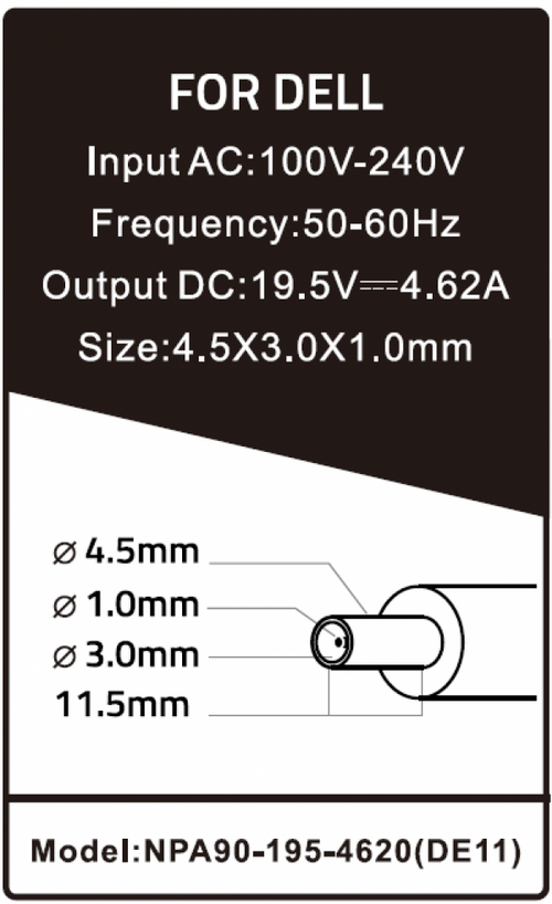 NPA90-195-4620 (DE11) ** GEMBIRD PUNJAC ZA LAPTOP 90W-19.5V-4.62A, 4.5X3.0MM  BLACK PIN (983)