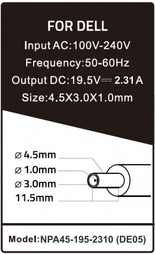 NPA45-195-2310 (DE05) **GEMBIRD PUNJAC ZA LAPTOP 45W-19.5V-2.31A, 4.5X3.0MM  BLACK PIN (983 ALT=DE07