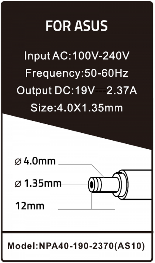 NPA40-190-2370 (AS10) ** GEMBIRD PUNJAC ZA LAPTOP 40W-19V-2.37A, 4.0X1.35MM BLACK (780 ALT=AS14)