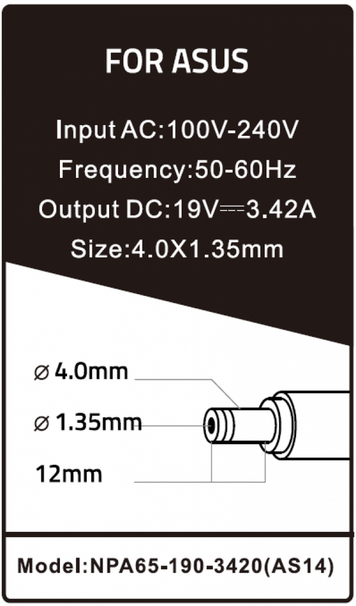 NPA65-190-3420 (AS14) ** GEMBIRD PUNJAC ZA LAPTOP 65W-19V-3.42A, 4.0X1.35MM BLACK (780)