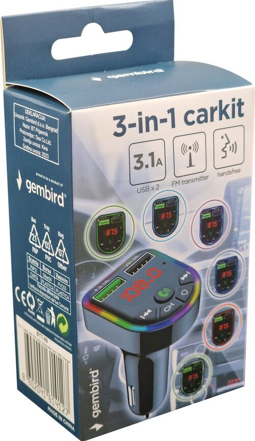 BTT-09 ** GEMBIRD 3-IN-1 BLUETOOTH CARKIT WITH FM-RADIO TRANSMITTER AND USB 3.1 A CHARGER, BLK (559)