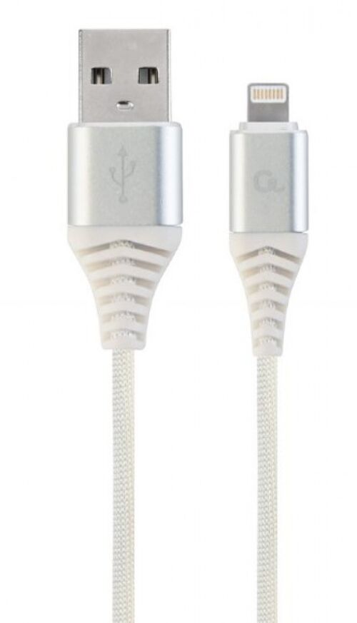 CC-USB2B-AMLM-1M-BW2 GEMBIRD PREMIUM COTTON BRAIDED 8-PIN CHARGING AND DATA CABLE, 1M, SILVER/WHITE