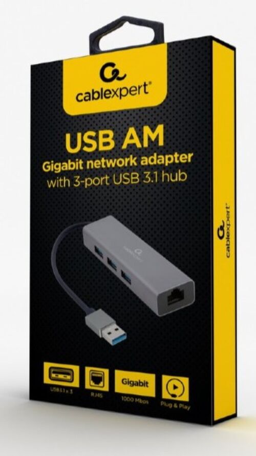 A-AMU3-LAN-01 GEMBIRD USB AM GIGABIT NETWORK ADAPTER WITH 3-PORT USB 3.0 HUB