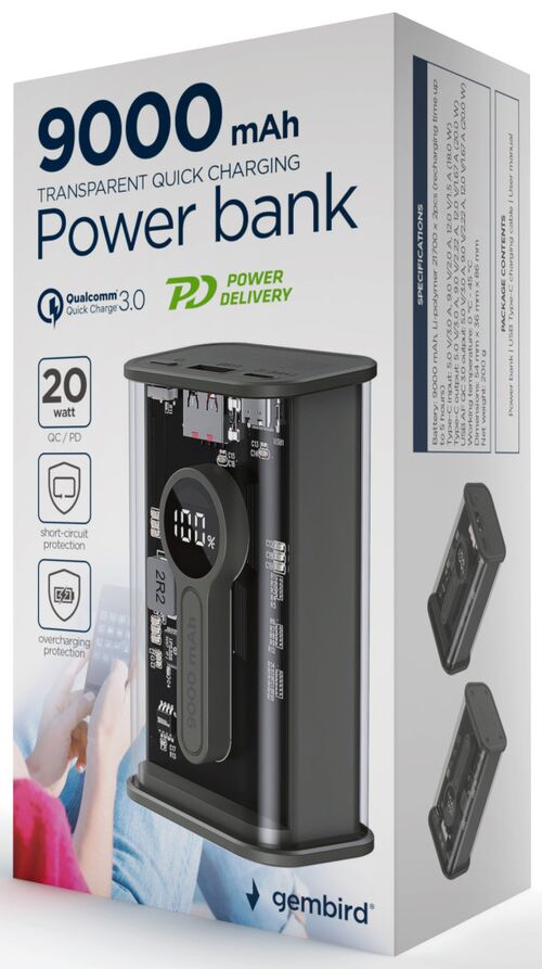 PB09-TQC3-01 GEMBIRD POWER BANK 9000 MAH, CRNI