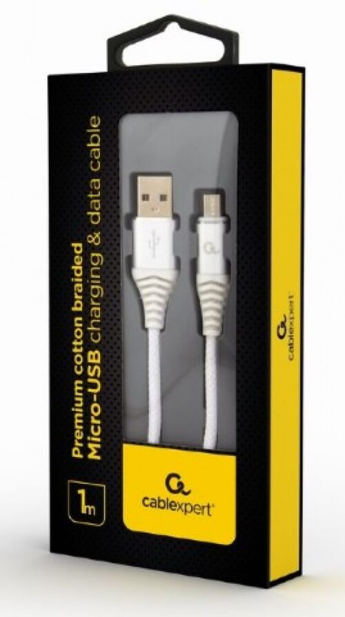 CC-USB2B-AMMBM-1M-BW2 GEMBIRD PREMIUM COTTON BRAIDED MICRO-USB CHARGING -DATA CABLE,1M, SILVER/WHITE