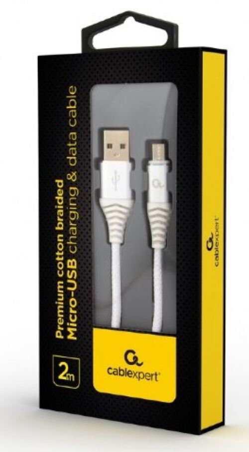 CC-USB2B-AMMBM-2M-BW2 GEMBIRD PREMIUM COTTON BRAIDED MICRO-USB CHARGING -DATA CABLE,2M, SILVER/WHITE