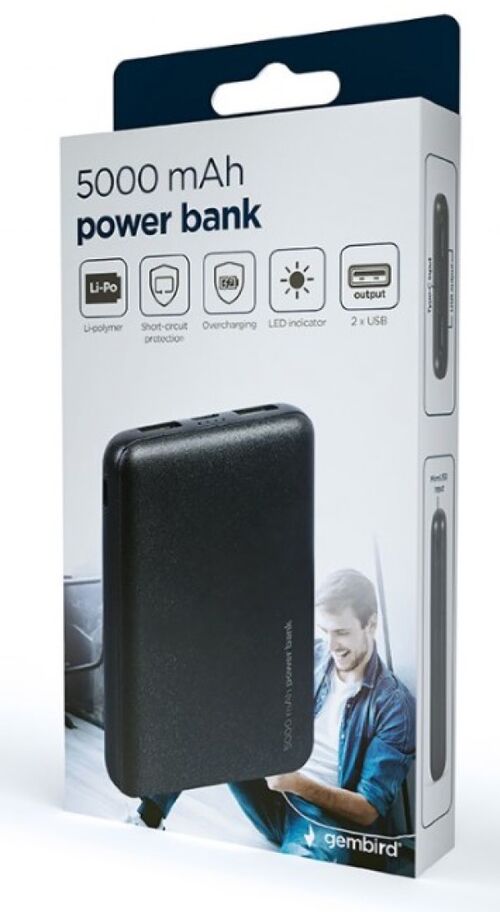 PB05-02 GEMBIRD POWER BANK 5000MAH 2XUSB, LED