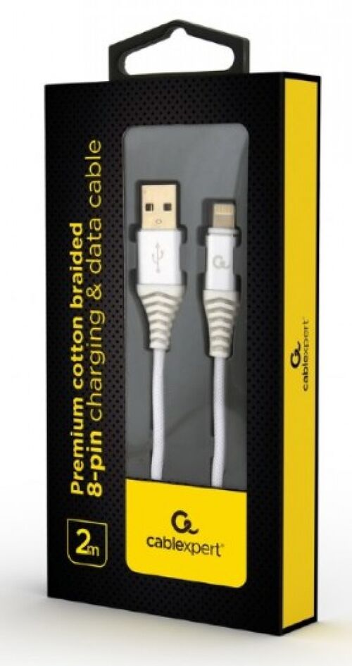 CC-USB2B-AMLM-2M-BW2 GEMBIRD PREMIUM COTTON BRAIDED 8-PIN CHARGING AND DATA CABLE, 2M, SILVER/WHITE