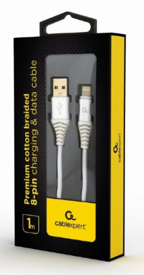 CC-USB2B-AMLM-1M-BW2 GEMBIRD PREMIUM COTTON BRAIDED 8-PIN CHARGING AND DATA CABLE, 1M, SILVER/WHITE