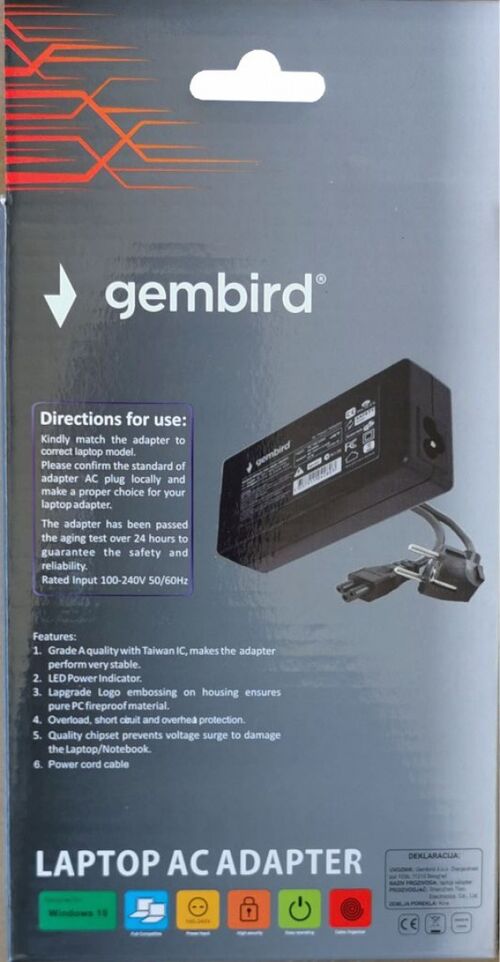 NPA65-190-3420 (AS14) ** GEMBIRD PUNJAC ZA LAPTOP 65W-19V-3.42A, 4.0X1.35MM BLACK (780)