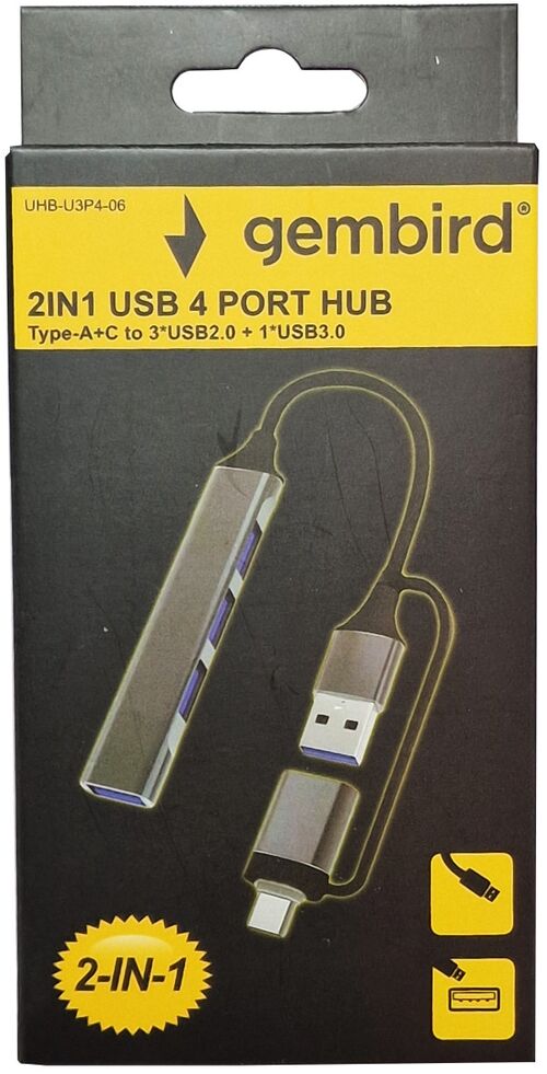 UHB-U3P4-06 ** GEMBIRD HUB TYPE-A+C TO 3*USB2.0 + 1*USB3.0 ALUMINUM (287)