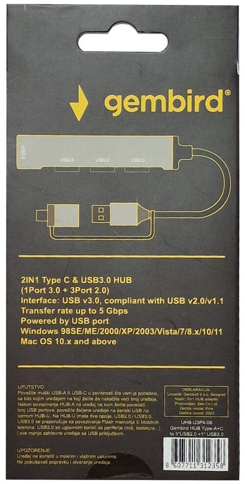 UHB-U3P4-06 ** GEMBIRD HUB TYPE-A+C TO 3*USB2.0 + 1*USB3.0 ALUMINUM (287)