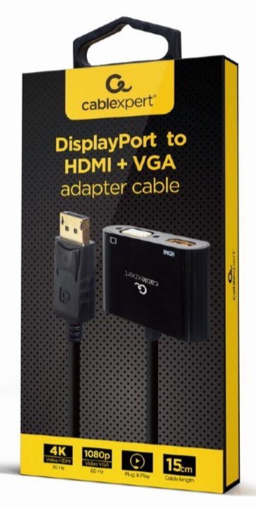 A-DPM-HDMIFVGAF-01 GEMBIRD DISPLAYPORT MALE TO HDMI FEMALE + VGA FEMALE ADAPTER CABLE, BLACK